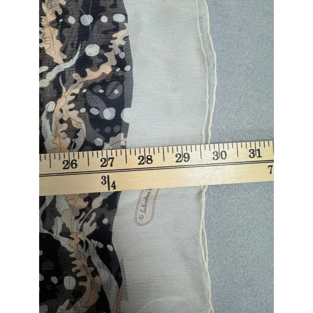 Vintage Salvatore Ferragamo Sheer Chiffon Scarf Stole Black Beige Oak Leaf Italy